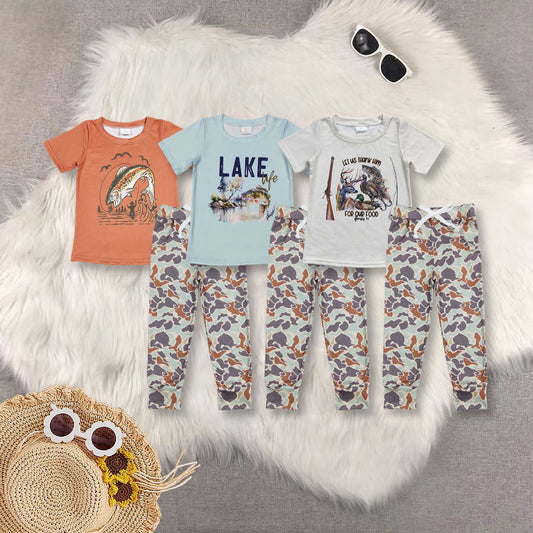 RTS NO MOQ Sibling baby boy clothes camouflage Fishing and Hunting Elk and Duck Beige Short-Sleeved Top