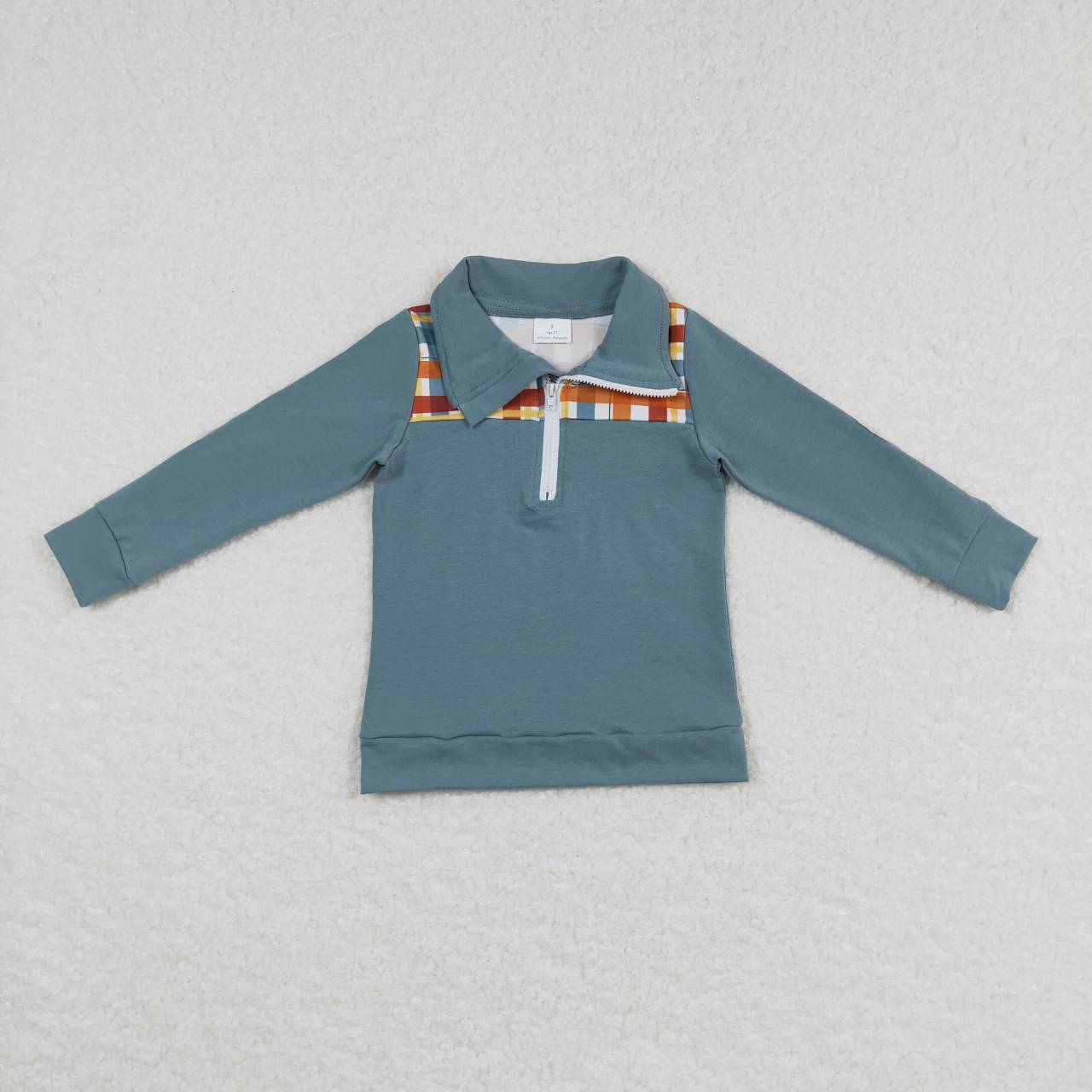 BT0313 Orange and green plaid zipper long-sleeved top