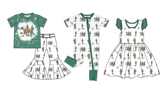 12.19 custom each style moq 5eta 4-6week Sibling Sister riding horse catcus baby girl sets and dress and rompers match family design
