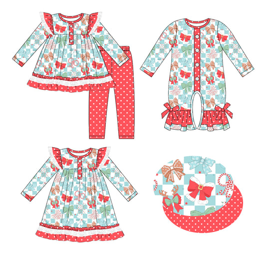 25.5.20 custom each style moq 5eta 4-6week Sibling Sisters Christmas bow baby girl long sleeve pants sets and dress and rompers match family design