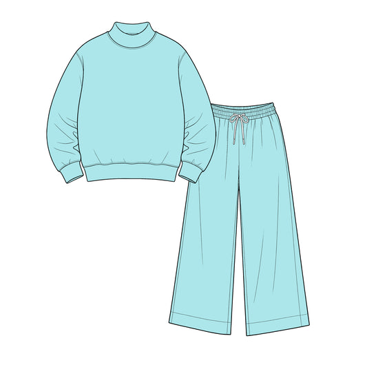 custom moq 5 mix size Baby Kids Solid Mint Blue Long Sleeve Top Drawstring Pants Casual Daily Wear Set