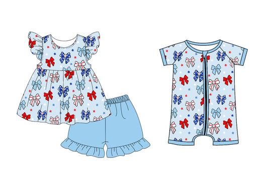 2.27 custom each style moq 5eta 4-6week Sibling Sister bow baby girl short sleeve shorts sets and romper match design