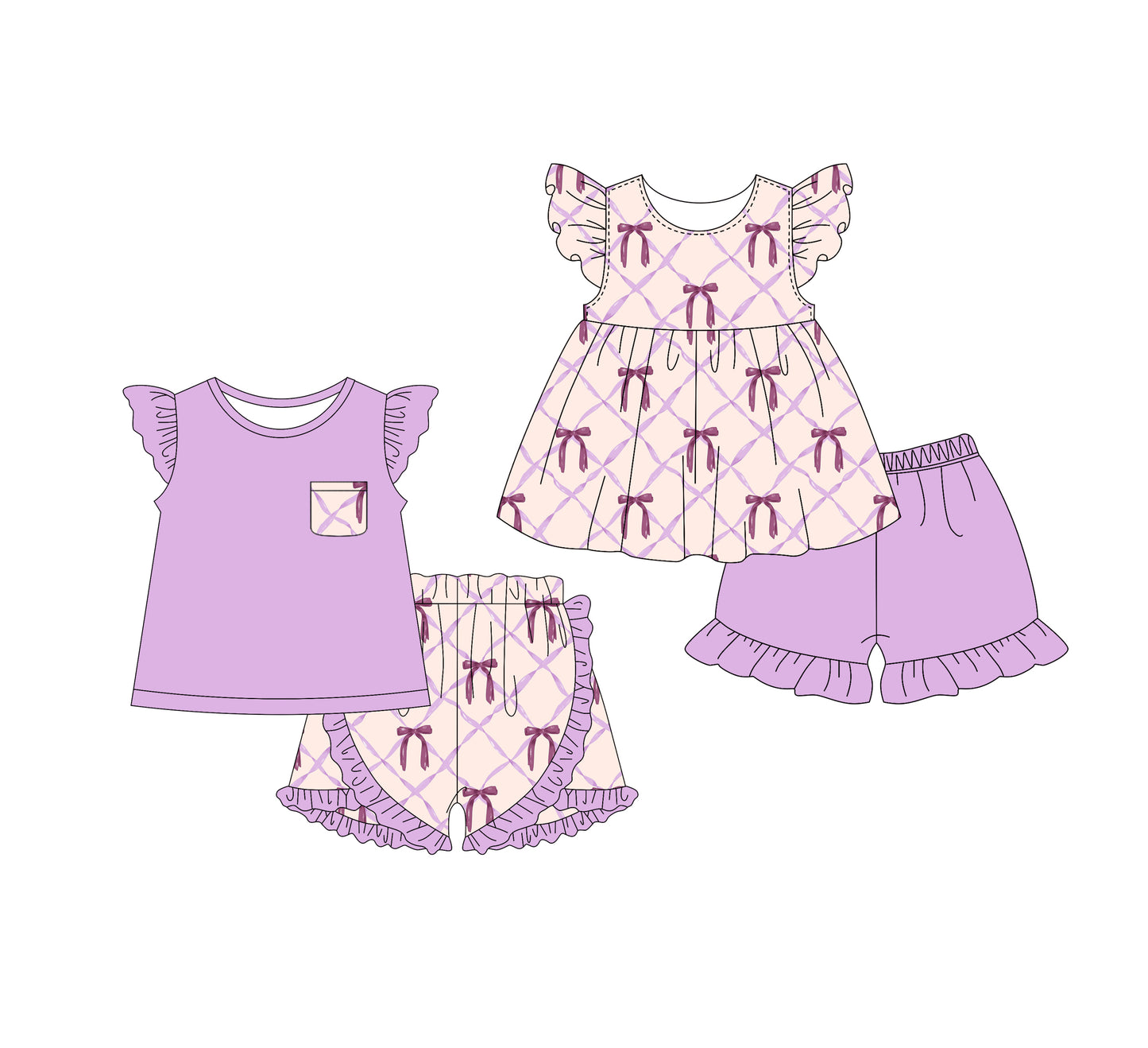 1.16 custom each style moq 5eta 4-6week Sibling Sister bow baby girl short sleeve shorts sets and dresses match design