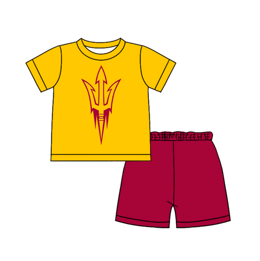 Custom moq 5 mix size milk silk summer teams Baby Boy's Yellow Short-Sleeved O-Neck Top And solid color Shorts Set