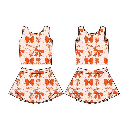 Custom moq 5 mix sizes summer teams baby girls clothes team bow orange sleeveless skirts shorts sets-25.6.20