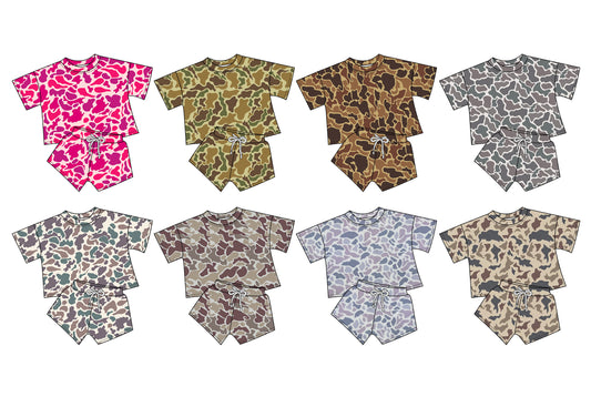 12.6 custom each style moq 5eta 4-6week Sibling Sister camouflage baby boy short sleeve shorts fish sets 1 and easter sets 2 and set 3 match design