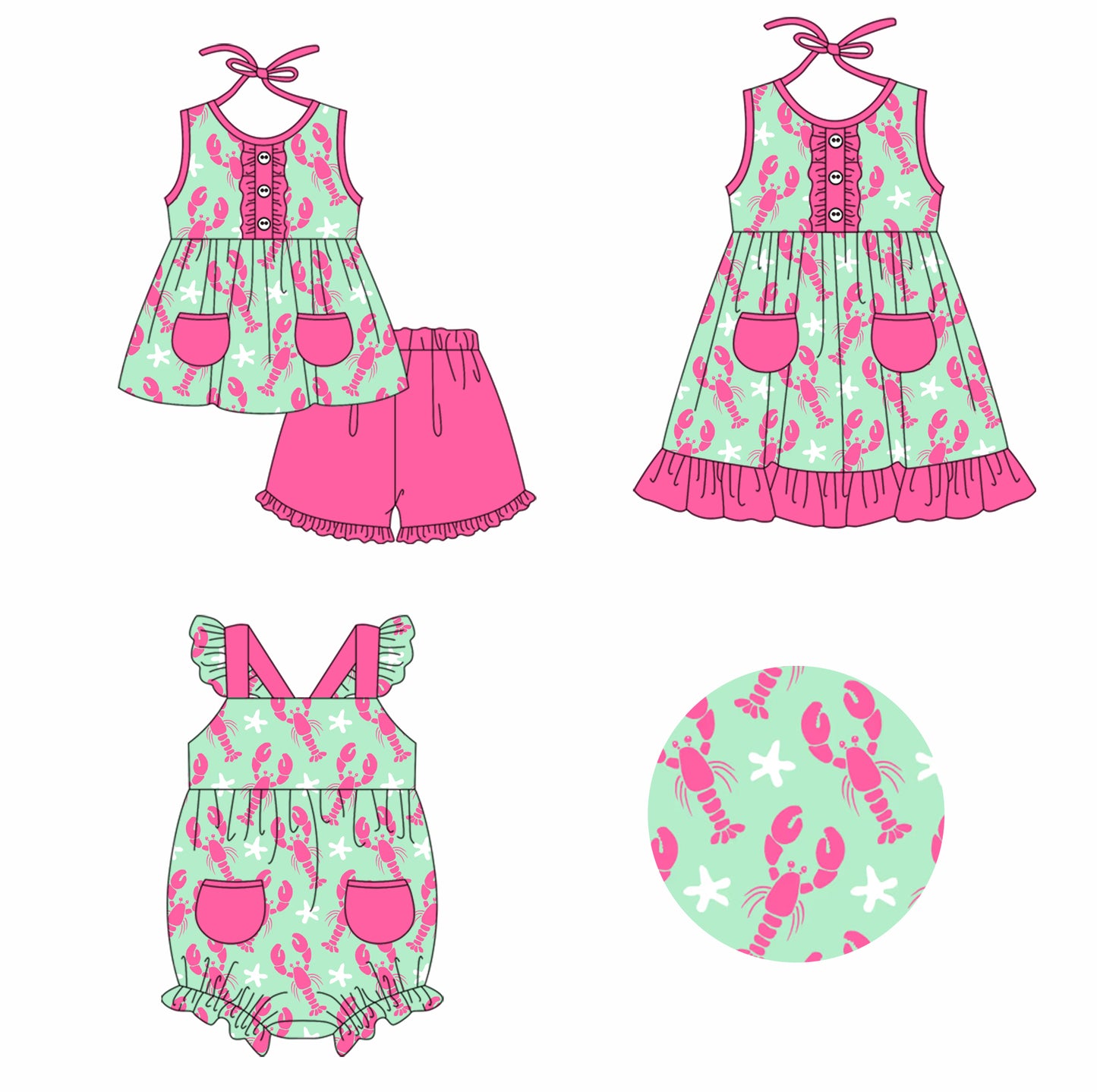 11.26 custom each style moq 5eta 4-6week Sibling Sister crayfish baby girl short sleeve shorts sets and dress and rompers match family design