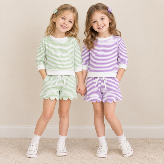 RTS NO MOQ Sibling yoga fabric Baby Girls Striped Long Sleeve Top and Scallop Hem Shorts Set