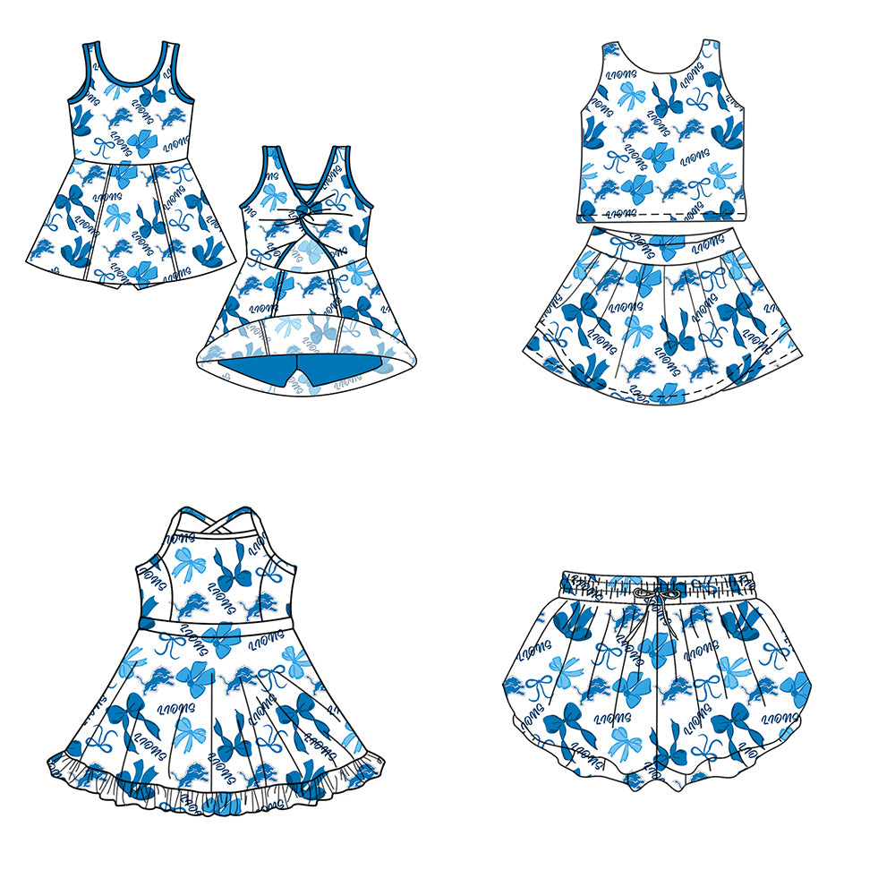 Custom moq 5 mix size milk silk summer teams Baby Girls Blue Bow Vest Top Skirt Shorts Sets Sleeveless Dresses Yoga Shorts Active Outfit