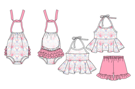 2.14 custom each style moq 5eta 4-6week Sibling Sister bow baby girls short sleeve shorts sets and romper match design