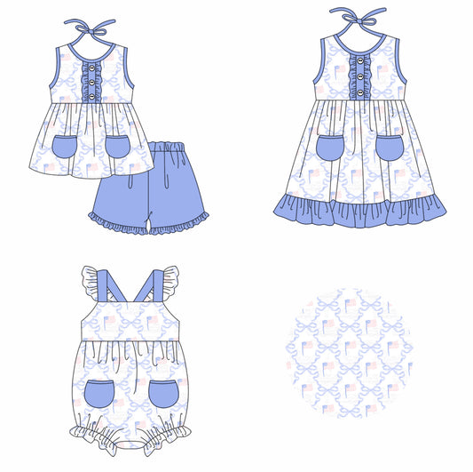 11.23 custom each style moq 5eta 4-6week Sibling Sister bow national baby girl short sleeve shorts sets and girls romper and dress match design