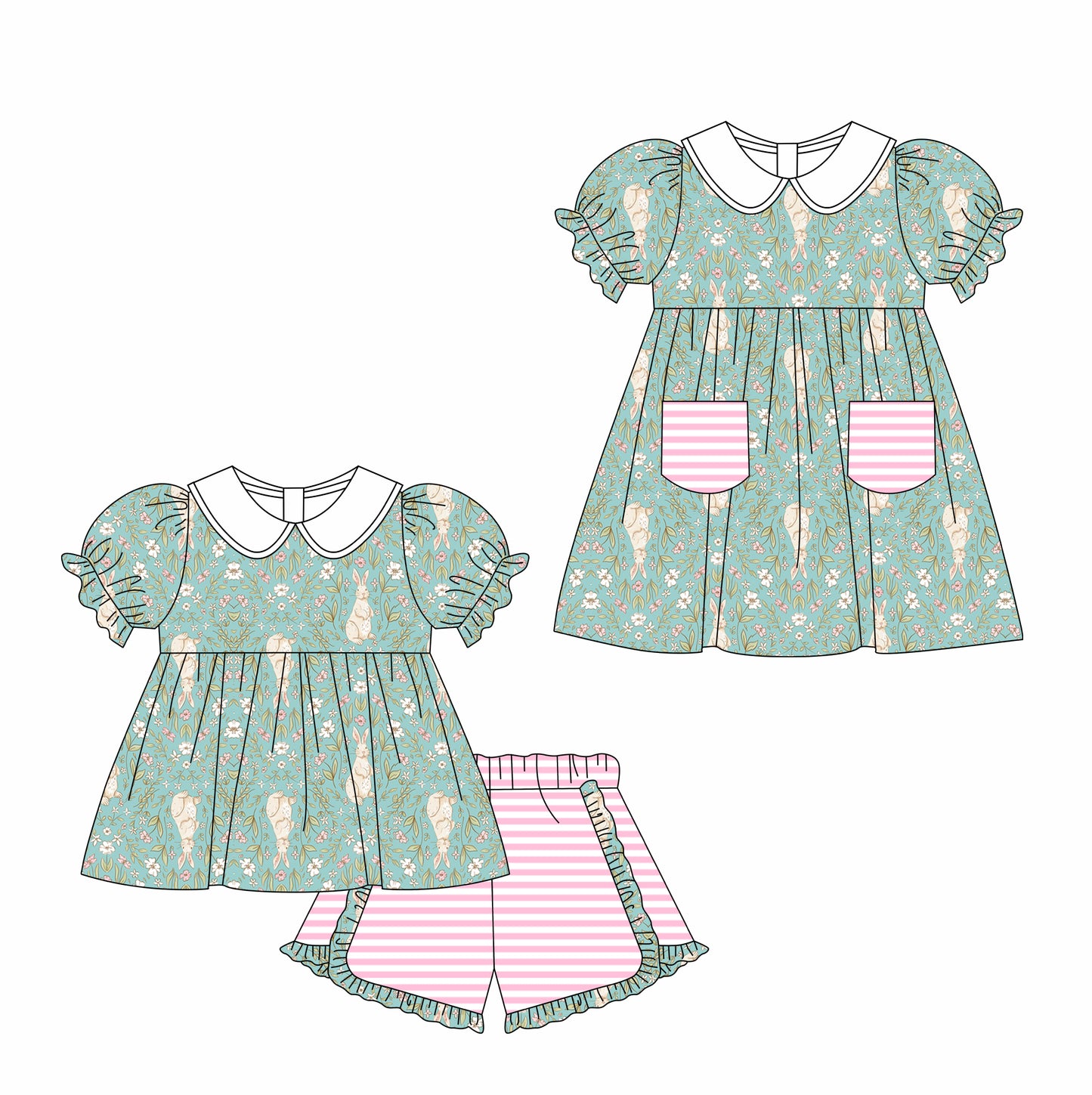 11.6 custom each style moq 5eta 4-6week Sibling Sister easter floral baby girl short sleeve shorts sets and briefs sets and dresses match design