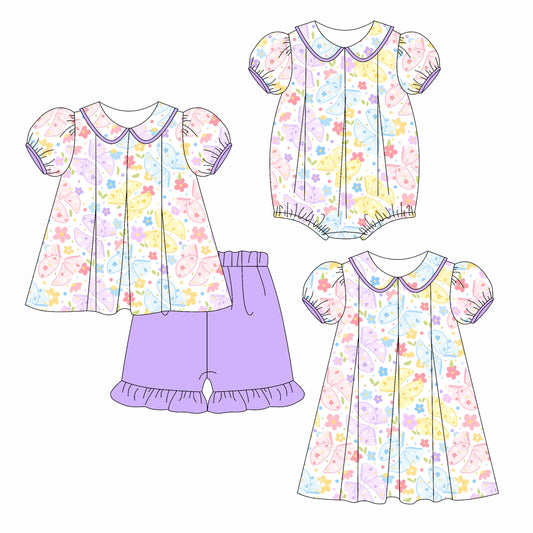 3.24 custom each style moq 5eta 4-6week Sibling Sisters bow floral baby girl short sleeve shorts sets and dress and rompers match family design