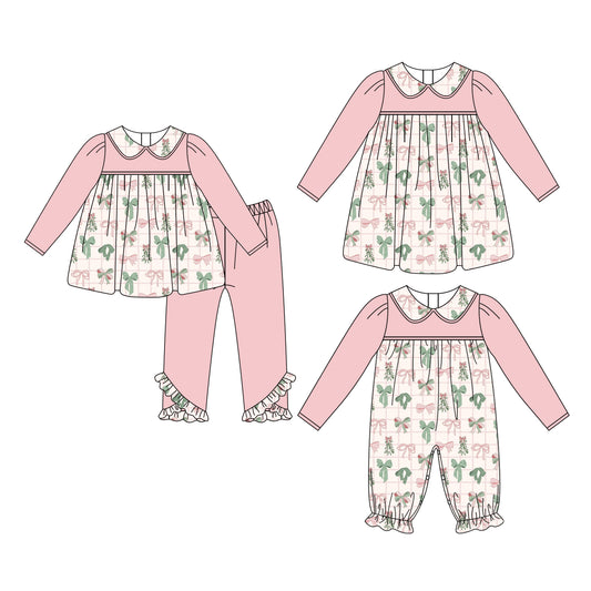 25.6.9 custom each style moq 5eta 4-6week Sibling Sisters floral bow pink baby girl long sleeve pants sets and dress and rompers match family design