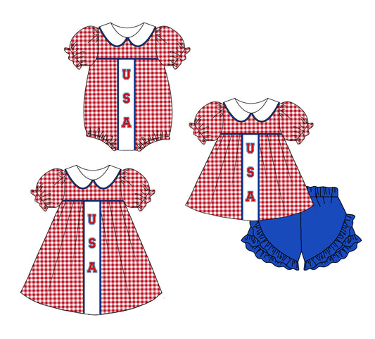 11.30 custom each style moq 5eta 4-6week Sibling Sister USA baby girl short sleeve shorts sets and dress and rompers match family design