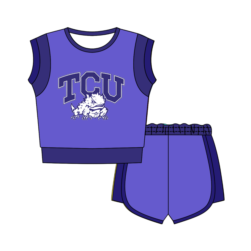 Custom moq 5 mix size milk silk summer teams Purple Sleeveless O-Neck Top And Shorts Set Cute And Comfortable Kids' Outfit
