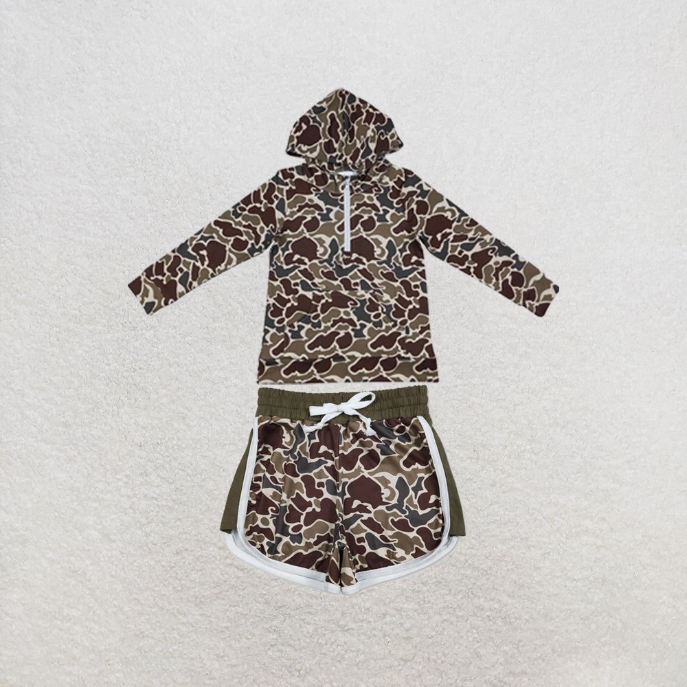 RTS NO MOQ Sibling milk silk Baby Boys Dark Khaki Camo Long Sleeve Hoodies Top Pocket Short Clothes Set