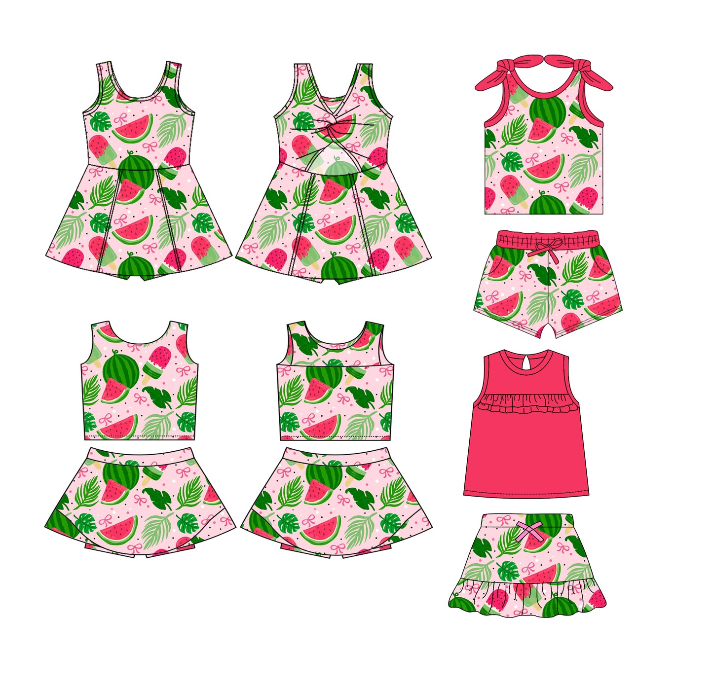 3.22 custom each style moq 5eta 4-6week Sibling Sister watermelon baby girls clothes Short Sleeve shorts sets and dress and yoga dress 1 and dress 2 match family design