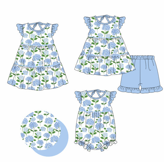 2.18 custom each style moq 5eta 4-6week Sibling Sisters floral baby girl short sleeve shorts sets and dress and rompers match family design