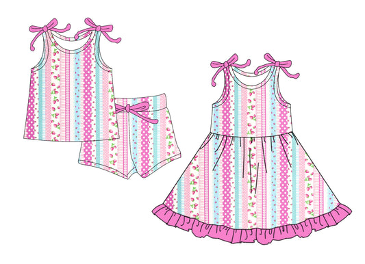 4.15 custom each style moq 5eta 4-6week Sibling Sister strawberry floral baby girl short sleeve shorts sets and dresses match design
