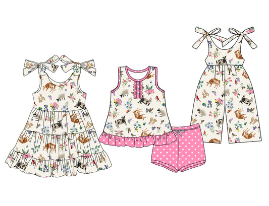 3.19 custom each style moq 5eta 4-6week Sibling Sister cow horse baby girl short sleeve shorts sets and dresses and jumpsuit match design