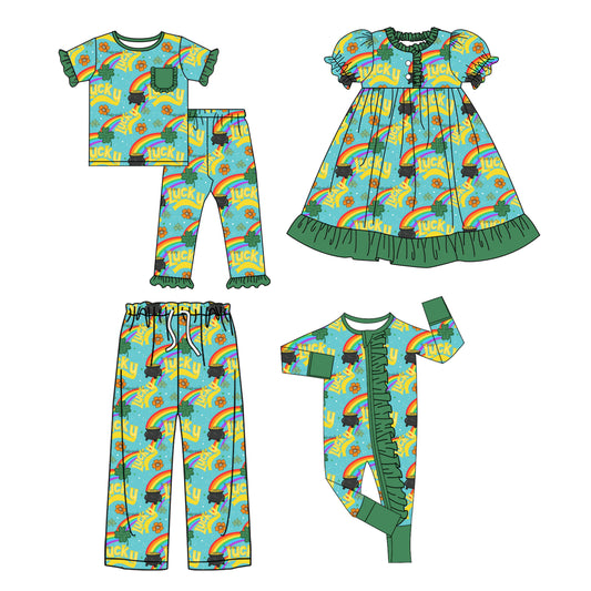 25.9.25 custom each style moq 8 eta 6-8week Sibling Sister rainbow baby short sleeve pants sets and romper and dress and adult pants match design