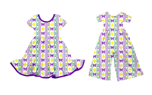 25.9.17 custom each style moq 8 eta 6-8week Sibling Sisters mardi gras bow baby girl long sleeve dress and jumpsuit match family design