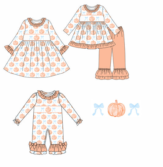 25.5.22 custom each style moq 5eta 4-6week Sibling Sisters pumpkin bow baby girl long sleeve pants sets and dress and rompers match family design