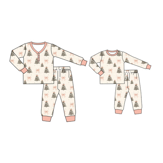 25.5.13 custom each style moq 5eta 4-6week Sibling Sister Christmas trees long sleeve pants sets and adult sets match design