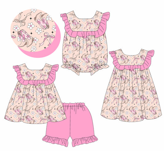 3.31 custom each style moq 5eta 4-6week Sibling Sisters floral bow boots baby girl short sleeve shorts sets and dress and rompers match family design