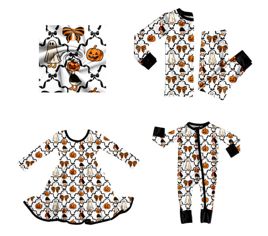 25.8.13 custom each style moq 5eta 4-6week Sibling Sisters pumpkin bow baby girl long sleeve pants sets and dress and rompers match family design