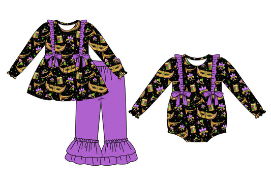 25.9.6 custom each style moq 5eta 4-6week Sibling Sisters mardi gras baby girl clothes long sleeve pants sets and romper match family design