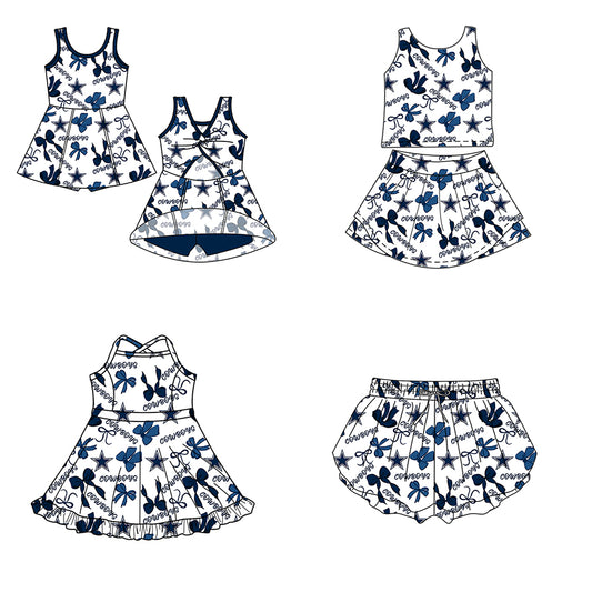 Custom moq 5 mix size milk silk summer teams Baby Girls Navy Blue Bow Vest Top Skirt Shorts Sets Sleeveless Knee Length Dresses Yoga Shorts Yoga Active Outfit