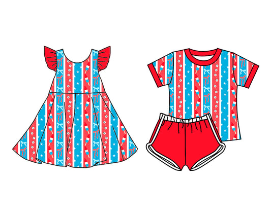 4.19 custom each style moq 5eta 4-6week Sibling Sister ice cream floral bow baby girl short sleeve shorts sets and dresses match design