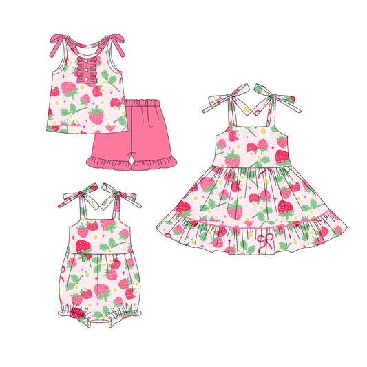 4.17 custom each style moq 5eta 4-6week Sibling Sisters strawberry baby girl short sleeve shorts sets and dress and rompers match family design