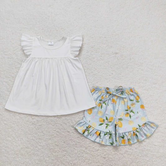 GSSO0870 Solid color flying sleeve lemon blue shorts suit