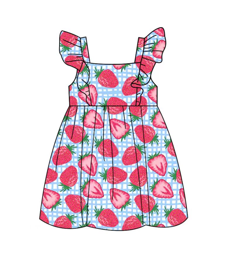 Custom moq 5 mix size milk silk baby girl clothes strawberry flying sleeve shorts sets and dresses 2