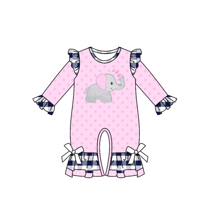 LR0901 Love elephant polka dot blue plaid lace pink long-sleeved jumpsuit