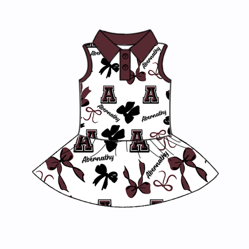 Custom moq 5 mix sizes summer teams baby girls clothes team T Maroon Black Bowknot Summer Girls Clothes