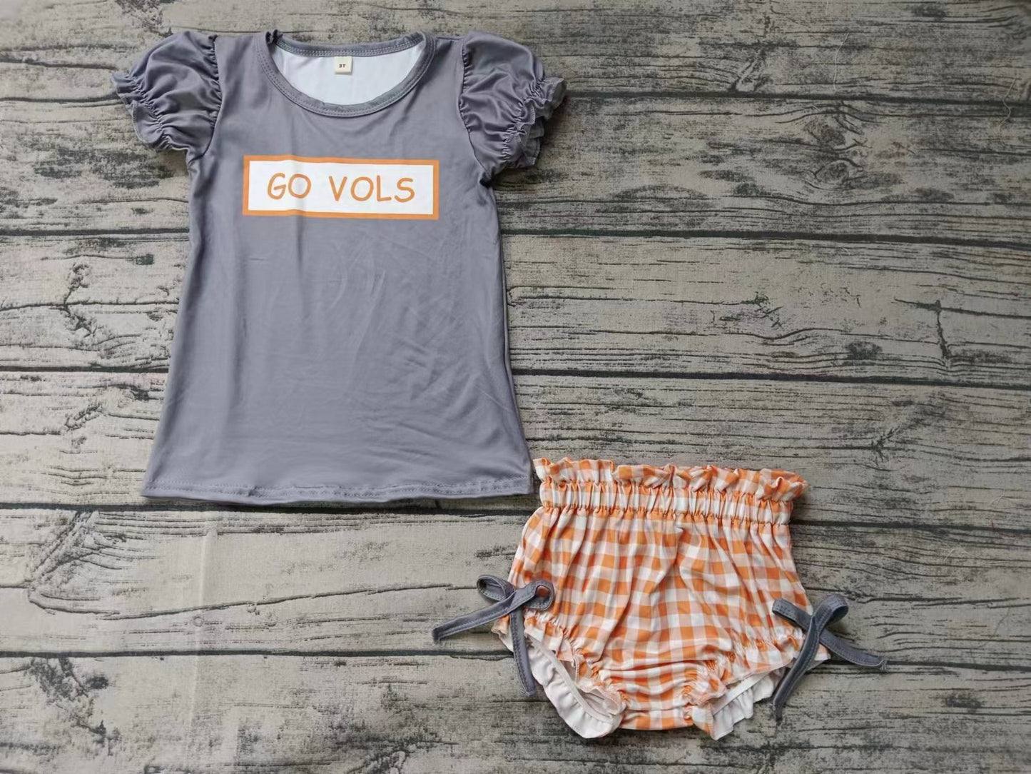 custom moq 5 eta 4-6weeks mix size baby girls clothes team gray short sleeve orange briefs Set