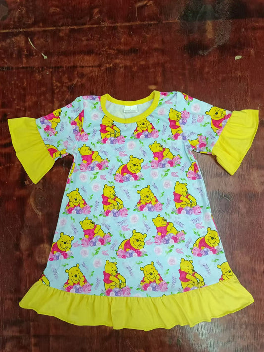 Custom moq 3 eta 6-7weeks  Yellow Honey Bear-Sky Blue Short Sleeve Dress with Ruffled Cuffs and Skirt