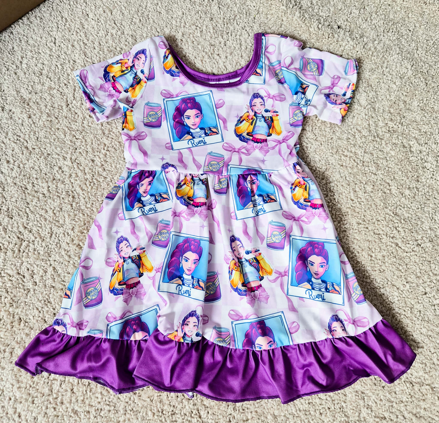 12/18m-14/16t RTS NO MOQ（In Stock) Kpop photo bow pattern plaid purple lace short-sleeved dress