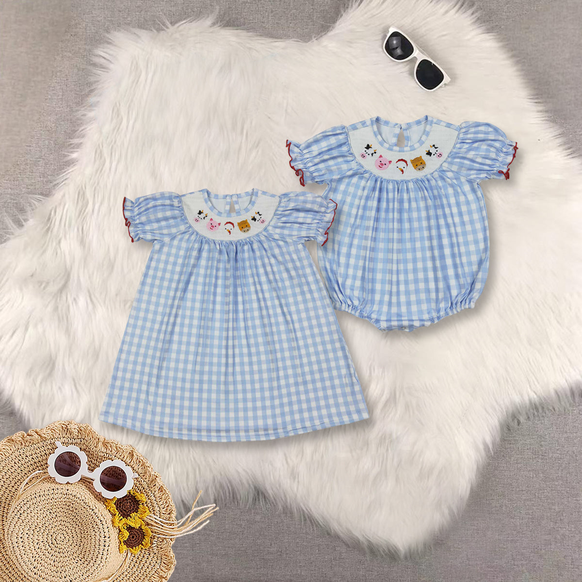 RTS Sibling baby girls clothes smocked embroidery short Sleeve dress and rompers