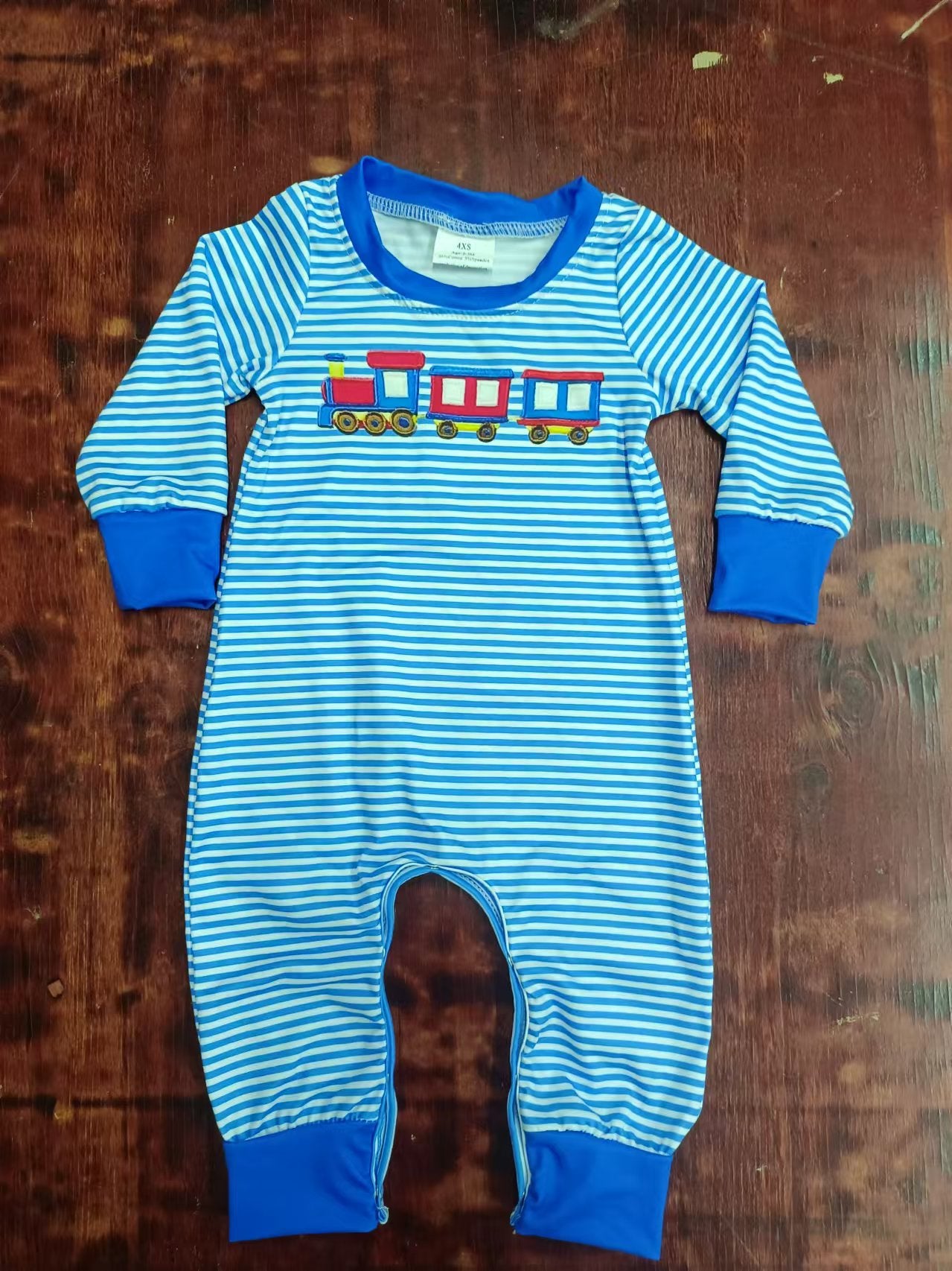 Custom moq 3 eta 6-7weeks  Blue striped long romper with train print