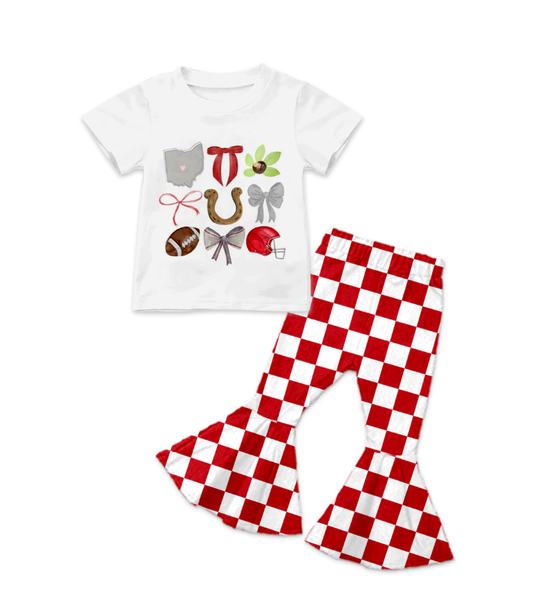 Custom summer teams baby girl clothes team bow red plaid short sleeve pants sets-25.8.16