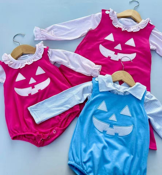 RTS no moq Sibling baby girl boy clothes halloween long-sleeved top embroidery smiley face rose red sleeveless dress and romper 2 pieces set