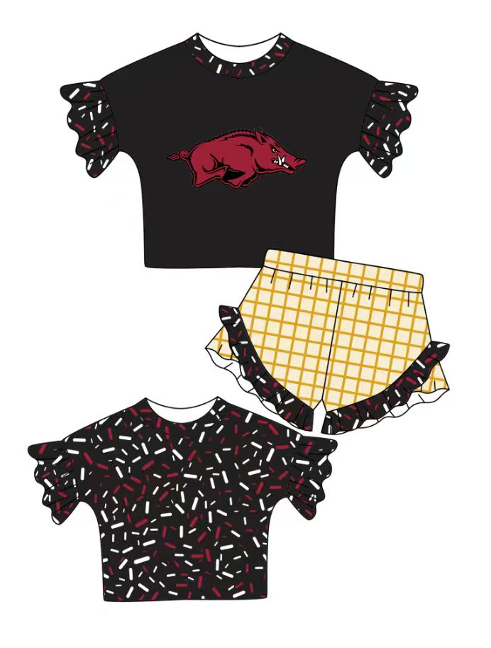 Custom moq 5 mix size milk silk summer teams baby girl clothes black short sleeve shorts sets