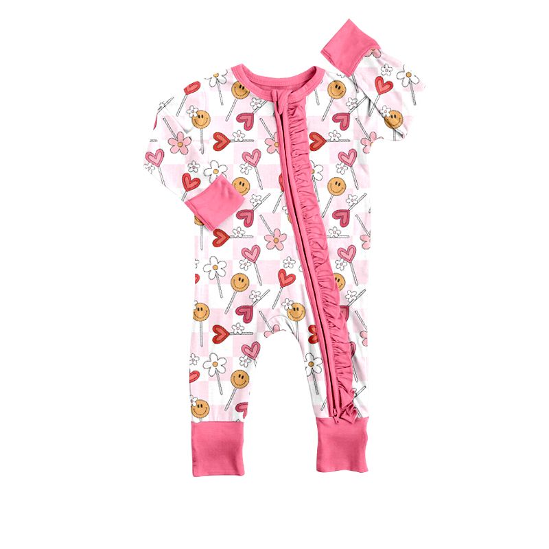 LR0884 Flowers, hearts, smiles, lollipops, pink and white plaid zipper long-sleeved jumpsuit