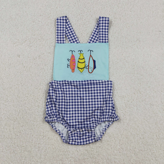 RTS NO MOQ（In Stock) Embroidered Fishing Bait Blue Plaid Vest Jumpsuit