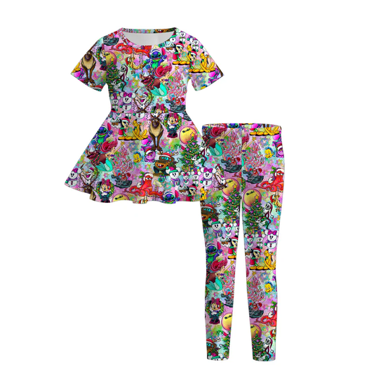Custom moq 5 each style eta 6-7weeks baby girl bow purple short sleeve pants set and dress